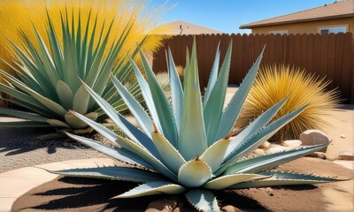 Lush Agave Plants with Light Blue Tint and Spiky Leaves Against Brown Fence