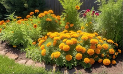 Lush Garden Scene with Vibrant Orange Marigolds and Green Foliage on a Sunny Day