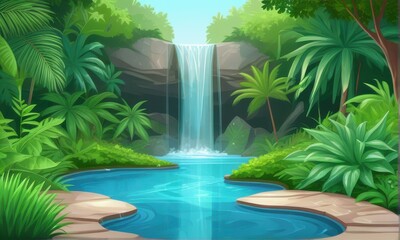 Lush Jungle Landscape with Cascading Waterfall and Turquoise Pool in Pixel Art Style
