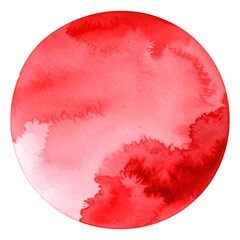 Circular watercolor painting in shades of red, exhibiting soft, blended color transitions and textured edges