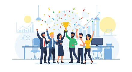 Flat style vector illustration of a business team celebrating success with a trophy, symbolizing achievement, teamwork, leadership, corporate growth, and motivation in the workplace