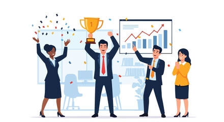 Flat style vector illustration of a business team celebrating success with a trophy, symbolizing achievement, teamwork, leadership, corporate growth, and motivation in the workplace