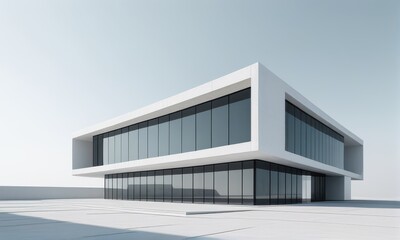 Minimalist Modern Architecture with White Facade and Expansive Glass Windows on Bright Sunny Day