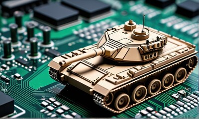 Miniature Tank Model on Green Circuit Board with Chips and Electronic Components