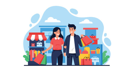 Flat style vector illustration of a happy couple shopping together, holding colorful bags in front of stores, symbolizing retail, consumer lifestyle, leisure, spending, and modern urban commerce