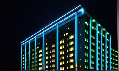 Modern Architecture Building Lit Up with Blue and Green Lights at Night