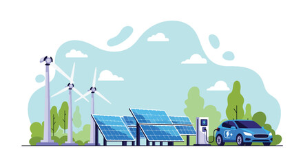 Flat style vector illustration of an electric car charging at a station powered by solar panels and wind turbines, symbolizing renewable energy, sustainability, and eco-friendly transportation