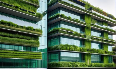 Modern Green Building Exterior with Vertical Gardens and Glass Facade at Daytime