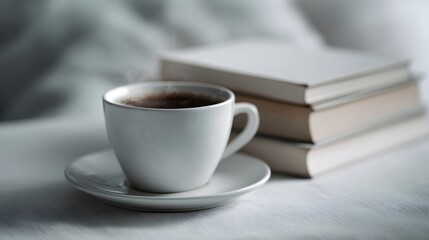 A steaming cup of coffee sits beside a stack of books on a soft white surface embodying cozy morning relaxation and quiet contemplation