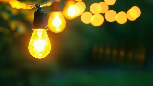 A string of lights hangs from a tree branch, illuminating the surrounding area