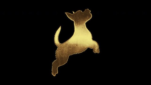 Dog with slightly reflected outlines on a gold foil-like surface, loop, alpha channel

