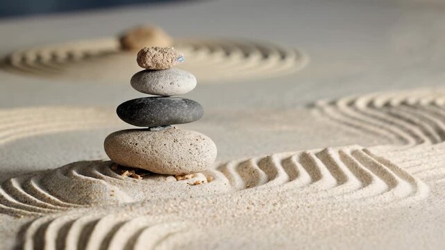 Zen sand garden with stones, perfect balance and tranquility for spa, massage, meditation, and creative design visuals.