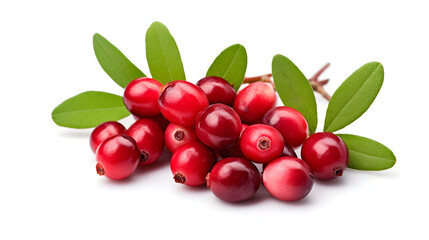 Fresh Ripe Cranberries with Green Leaves Isolated on a White Background. Bunch of Healthy Cranberries for a Thanksgiving or Christmas Recipe.