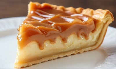 Slice of Caramel Pie on White Plate with Golden Crust and Rich Brown Caramel