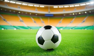 Soccer Ball on Bright Green Grass in Front of Stadium Seats at Night
