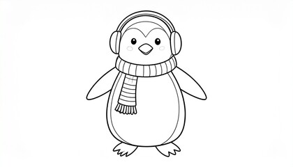 Obraz premium Adorable cartoon penguin wearing earmuffs and scarf, outlined in bold black lines. Perfect for winter coloring books, kids’ activities, holiday crafts, and educational materials.