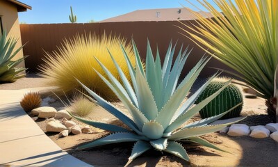 Southwestern Style Desert Landscaping Featuring Blue Agave and Native Plants in Sunny Outdoor Garden