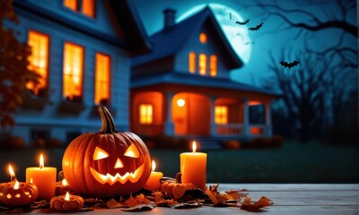 Spooky Halloween Scene with Glowing Pumpkin and Candles at Night with House