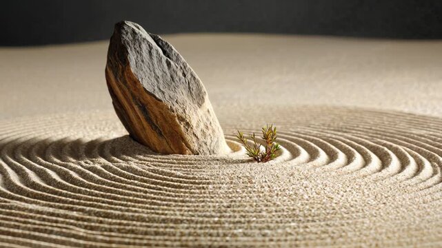 Single stone in raked zen garden, simplicity, mindfulness and inner peace for calm backgrounds, balance, and inspiration.