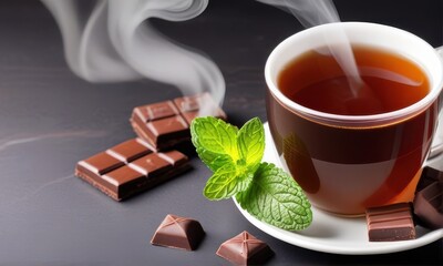 Steaming Cup of Tea with Dark Chocolate and Fresh Mint Leaves on Slate Table