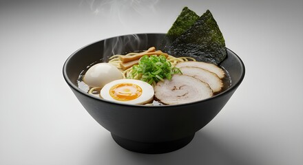 Hot Korean bibimbap in a stone bowl, colorful vegetables, runny egg yolk, steam rising dramatically, side perspective, dark black background."