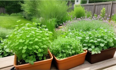 Terracotta Pots Containing Fresh Green Herbs and Flowering Plants in a Lush Outdoor Garden