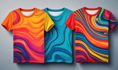 Three Colorful T Shirts with Abstract Swirl Designs on Gray Background