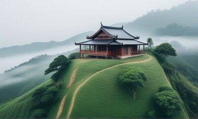 Traditional Wooden House on Green Hillside in Misty Mountain Landscape Scenery with Foggy Background