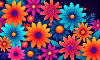 Vibrant Floral Display with Orange Blue and Pink Flowers on Dark Background