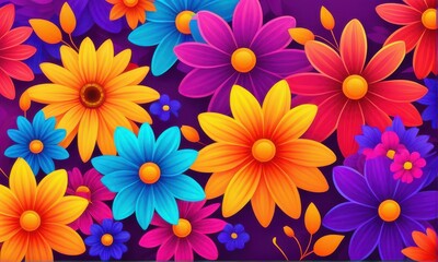 Vibrant Floral Field with Yellow Blue and Purple Flowers in Full Bloom on Dark Backdrop