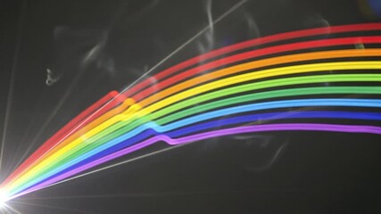 A vibrant and dynamic visual representation of a light spectrum, with a bright source emitting a luminous beam that gracefully curves into a brilliant rainbow of colors against a dark, smoky backgroun - Powered by Adobe