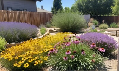 Vibrant Flower Garden Displaying Yellow Black Eyed Susans and Purple Coneflowers Under Clear Blue Sky