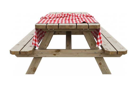 Outdoor wooden picnic bench with rustic red gingham tablecloth isolated