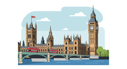 Fototapeta premium Illustration of the Houses of Parliament and Big Ben with a red double-decker bus.