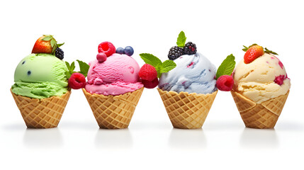 Variety of Ice Cream Scoops in Waffle Cones Isolated on White.