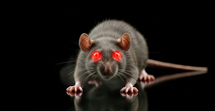 Eerie rat with glowing red eyes creeping forward in the dark, a horror movie scene