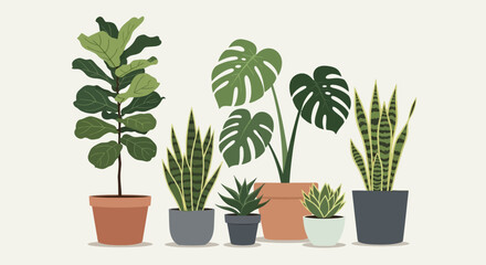 Obraz premium Illustration of various potted houseplants, showcasing different leaf shapes and textures.