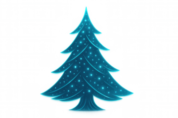Glowing neon christmas tree illustration featuring festive blue lights and stylized branches, winter holiday event concept