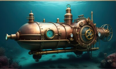 Vintage Steampunk Submarine Amidst Tranquil Underwater Scenery with Intricate Details and Muted Lighting