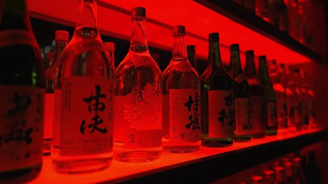 Vibrant sake bottles showcased with modern red lighting for bar setting atmosphere and cultural dining experiences on display
