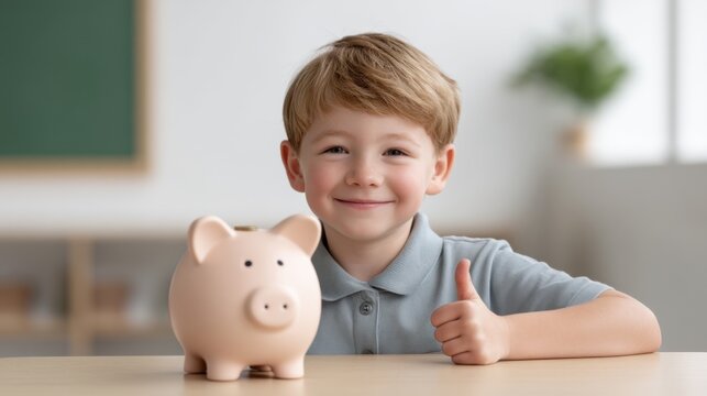 Happy Young Boy Smiling Next to Piggy Bank with Thumbs Up in Bright Classroom Environment Encouraging Savings and Financial Education for Kids