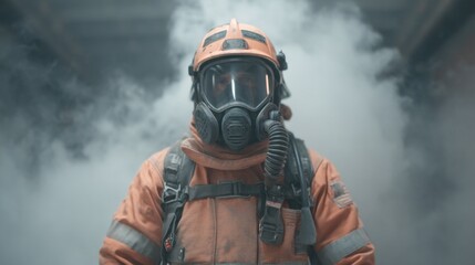 Firefighter in Protective Gear Surrounded by Smoke in Industrial Setting, Ready for Action, Displaying Courage and Commitment to Safety and Rescue Operations