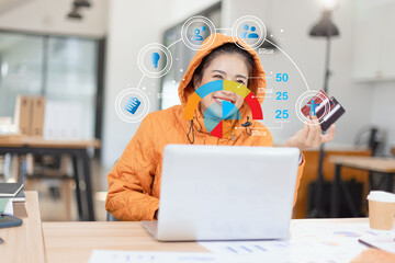 young woman working on laptop with network online icon.