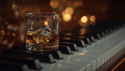 A glass of golden whiskey rests elegantly on black-and-white piano keys under moody lighting