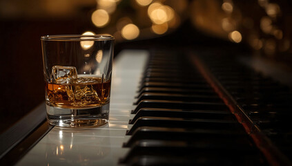 A glass of golden whiskey rests elegantly on black-and-white piano keys under moody lighting