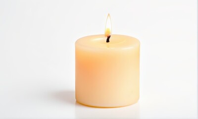 Wax Candle Burning with Bright Flame on White Seamless Background with Reflection