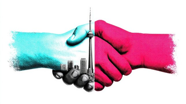 City Agreement Handshake: A surreal conceptual artwork merges the handshake of two entities with a cityscape in a display of urban accord and understanding.