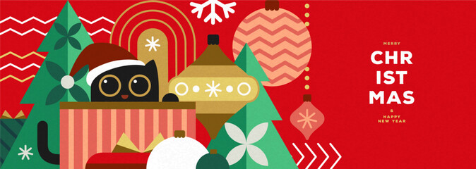 Christmas holiday flat poster or banner with funny cat, Christmas tree, gift box, baubles, and snowflakes. Christmas greeting card design. Vector illustration