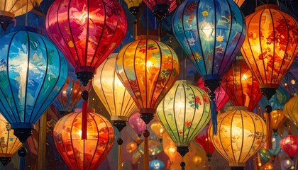 Colorful lanterns glow in a festive display