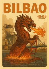 Vintage Style Travel Poster Of A Giant Red Kaiju Dragon Attacking Bilbao Cityscape. Monster Movie Art, Spanish City Destination, Sci Fi Illustration, Godzilla Tribute